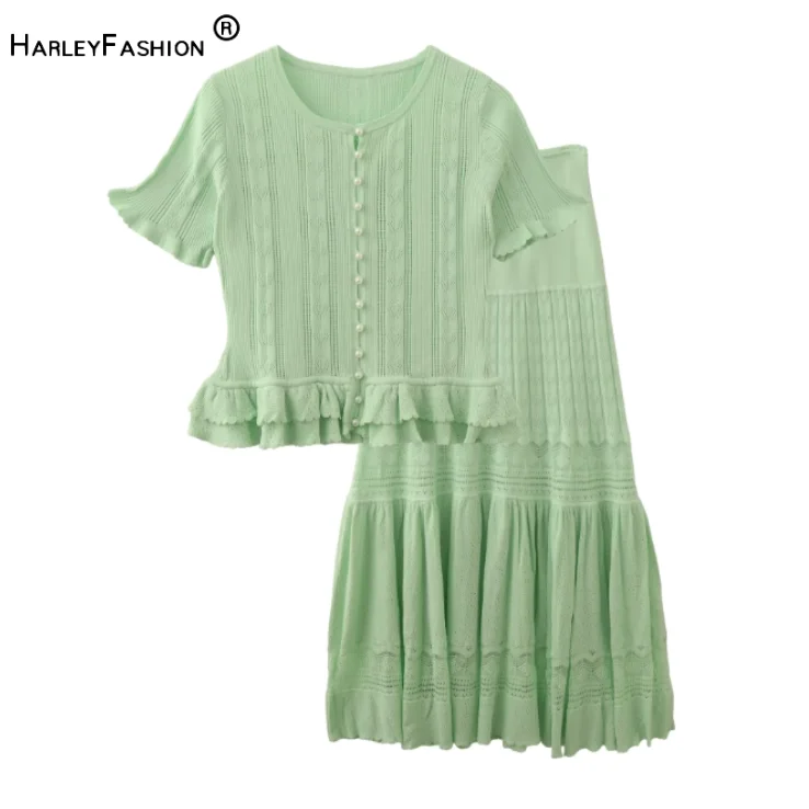 2026 Lady Vintage Summer Solid Suit O-neck Short Sleeve Single-breasted Ruffles Hem Cardigan Long Skirt Women Knit 2pcs
