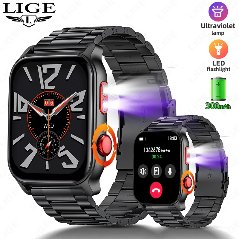 

LIGE Новые УФ-фонарики Смарт-часы для мужчин и женщин Монитор сердечного ритма Трекер сна 1,83-дюймовый сенсорный экран Смарт-часы с голосовым вызовом