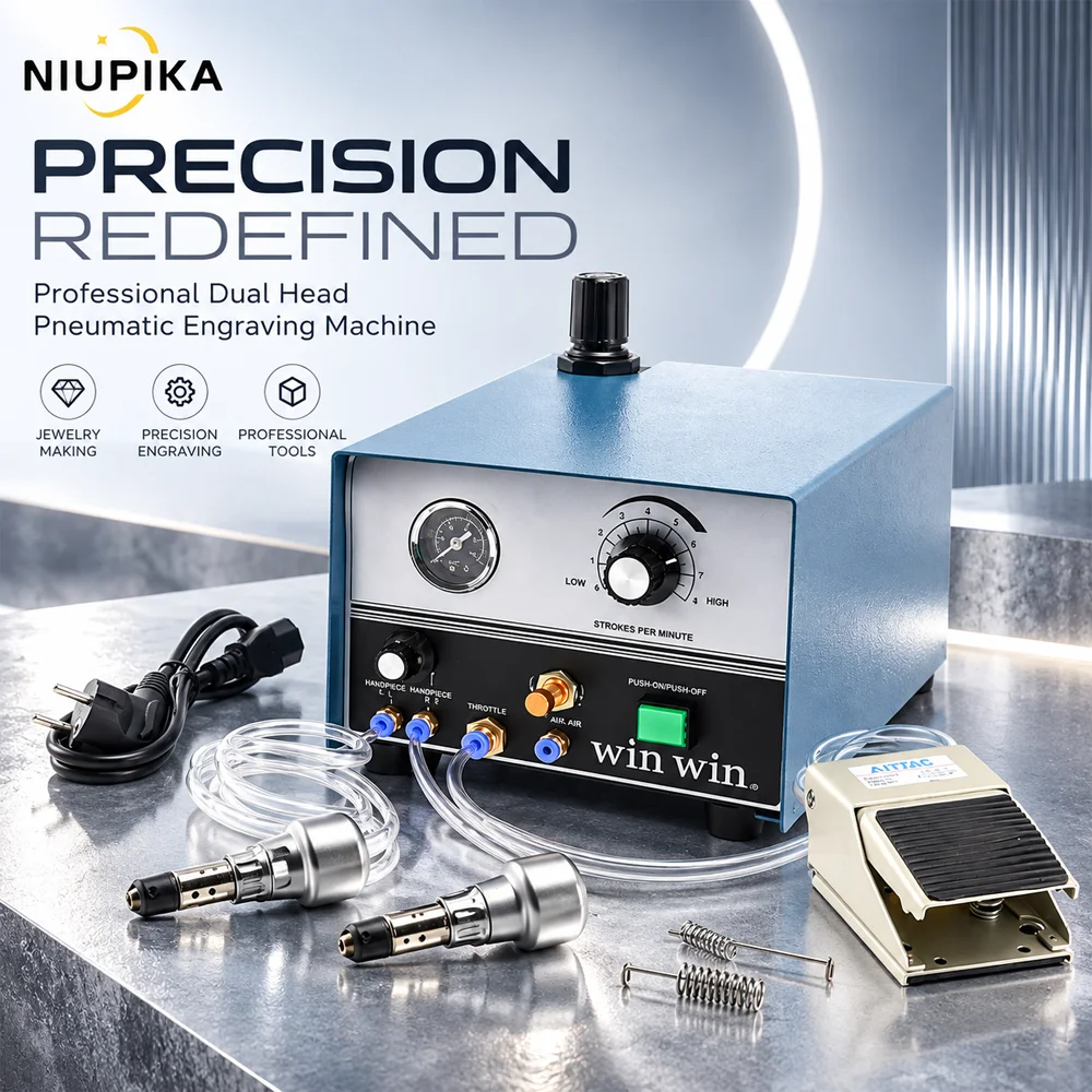 NIUPIKA Pneumatic Engraving Machine Dual Handpiece Jewelry Engraver Foot Pedal Stone Setting Metal Carving Tool 110V 220V Deluxe