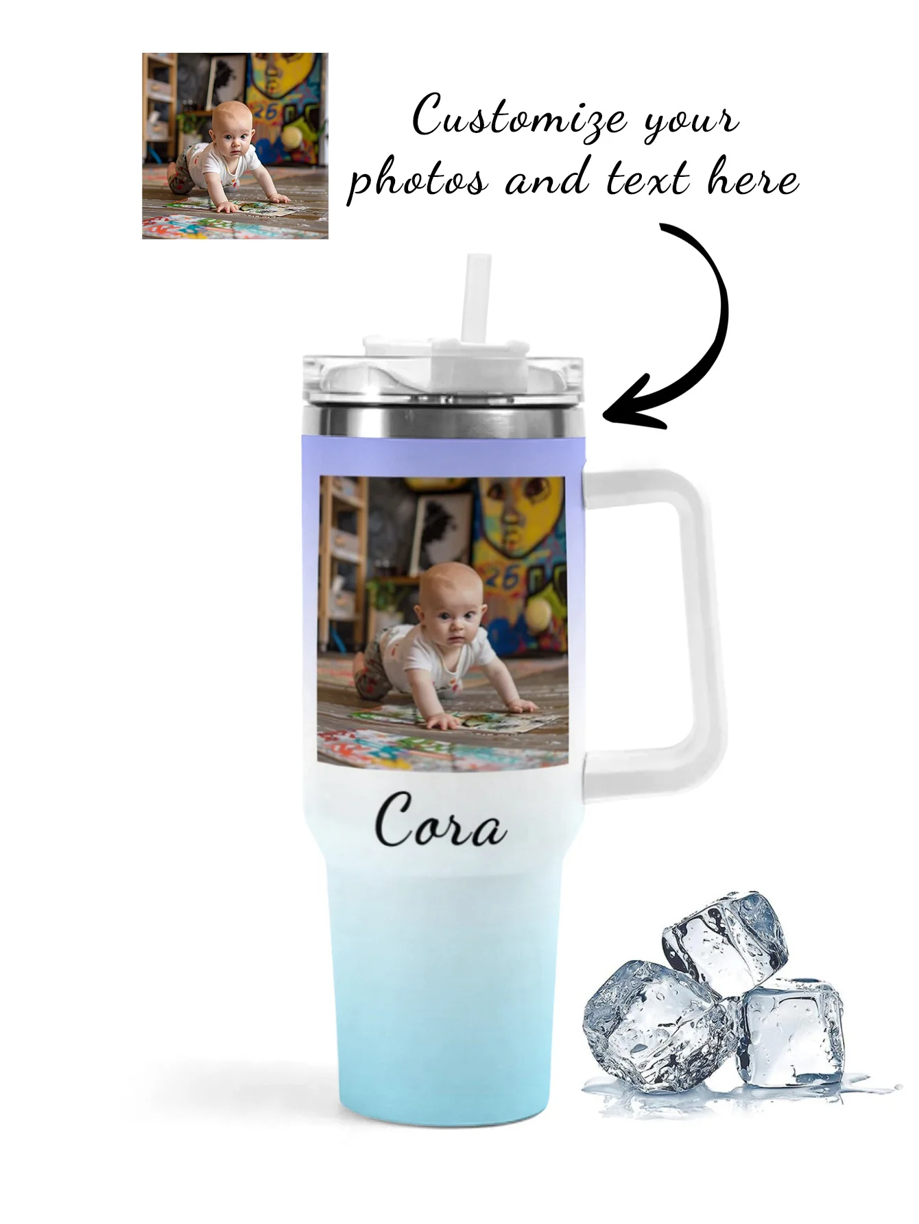 

Персонализированная чашка для воды на 40 унций. Дорожная чашка с текстом и изображением. Чашка для воды из нержавеющей стали. Изолированная чашка для воды.