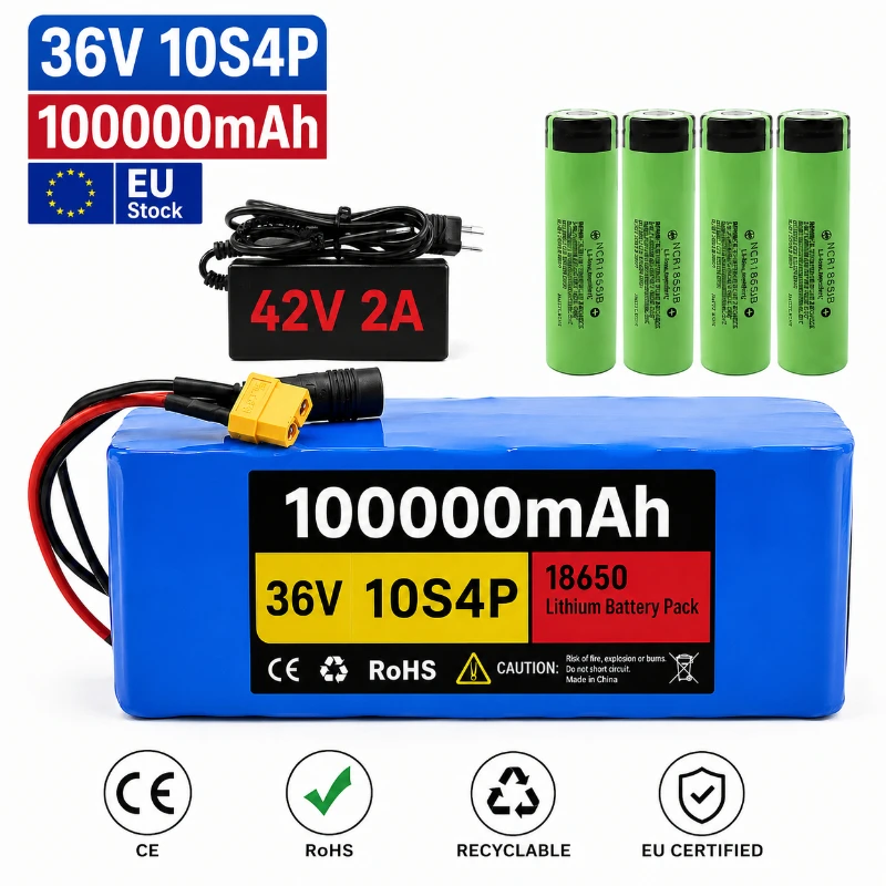 36V 100Ah 10S4P Lithium-Ionen-Akku 18650 Wiederaufladbarer Akku mit integriertem BMS für Elektroroller E-Bike EU-Lieferung