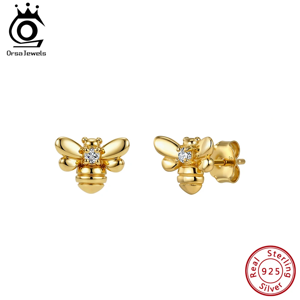 

ORSA JEWELS Design 925 Sterling Silver Cute Bee Stud Earrings Zircon Bee Ear Stud Animal Insect Honeybee Fashion Gift APE155