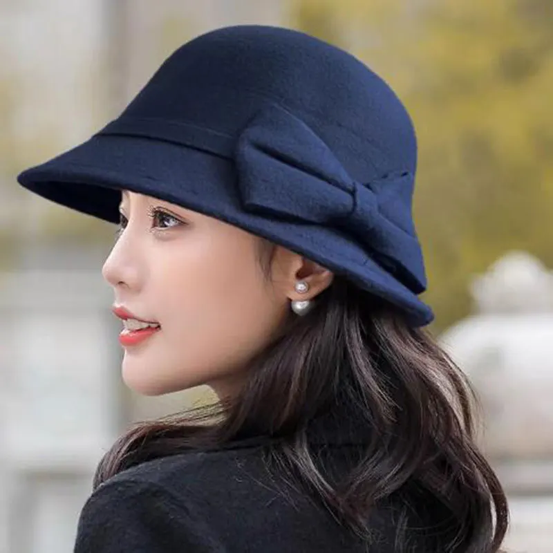 Women\'s Hat Bow-knot Woolen Felt Fedoras Korean Fashion Ladies Vintage Elegant Hat Warm Autumn Spring Panama Hat for Ladies