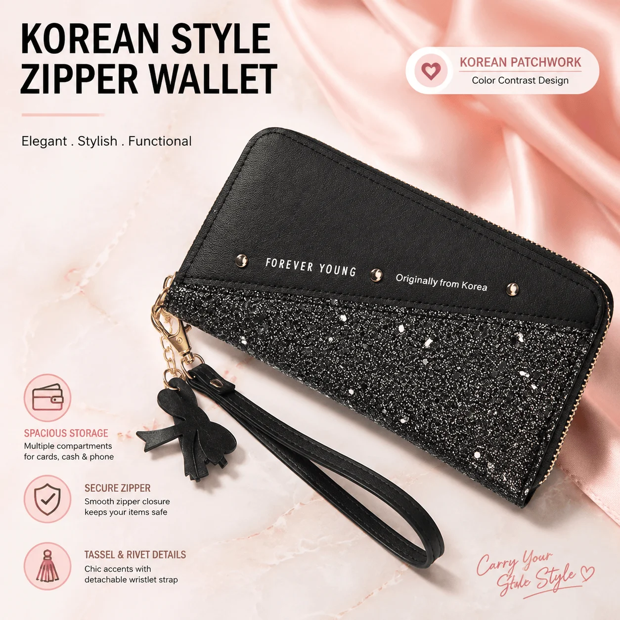 Korean Style Wallet Women Patchwork Clutch Purse Long Zipper Wallet Tassel Rivet Handbag Color Block Wristlet Ladies Card Holder Fashion PU Leather Shopping Money Pocket Organizer Multi-functional Storage Cute Accessories For Shopping Dating Travel