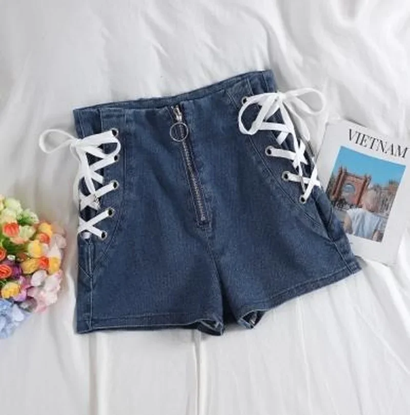 Pantalones cortos vaqueros de cintura alta para mujer, Shorts informales, color negro, holgados, combinan con todo, color azul, primavera y verano