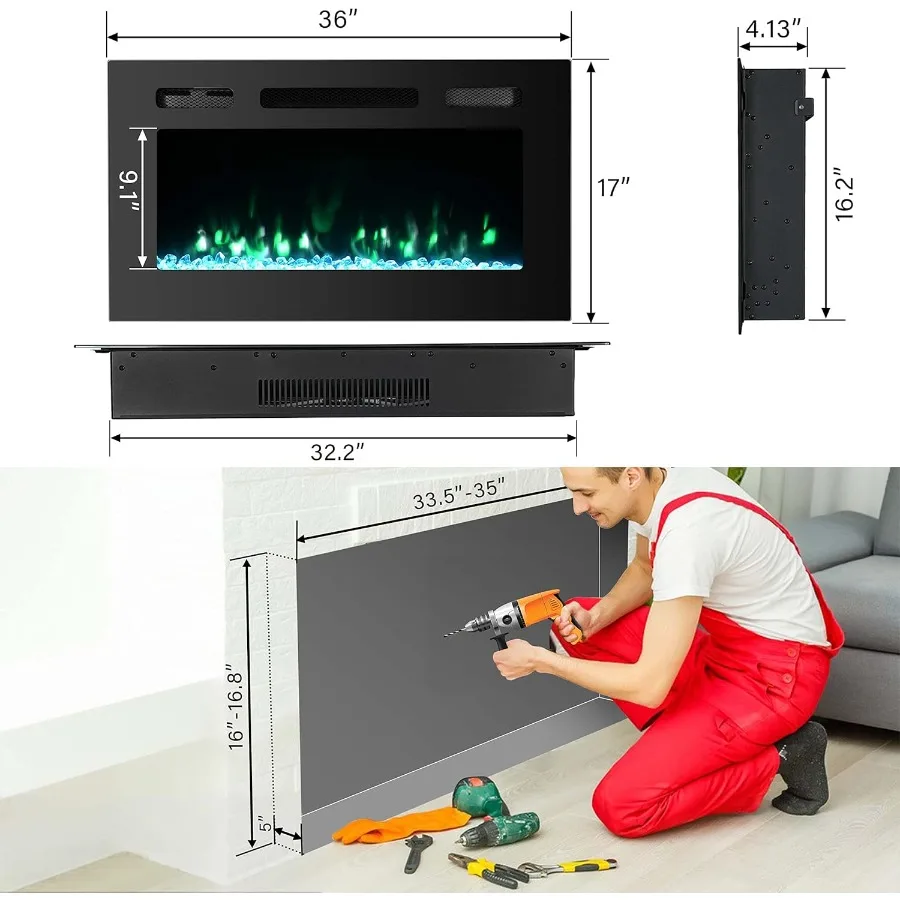 Inserto per camino elettrico da 36 pollici montato a parete con timer di controllo remoto a 12 colori di fiamma per un'atmosfera accogliente del soggiorno e Ener