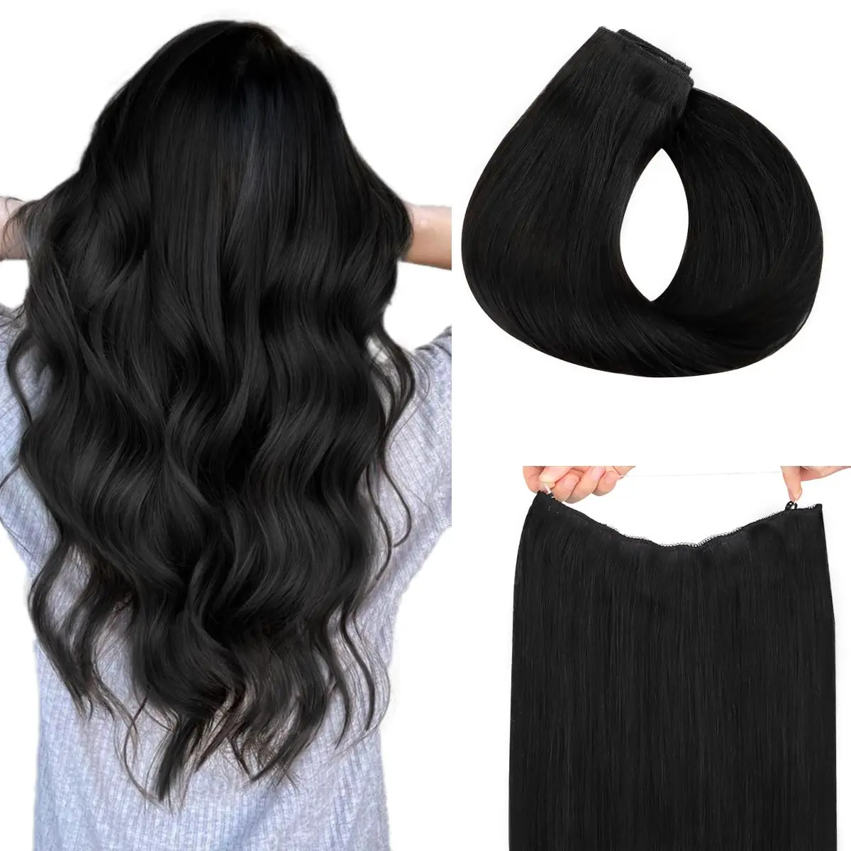 

Straight Fish Line Hair Extension 3 Clips In Hair 100% Real Human Hair Invisible Wire Hair Extension With Wire Adjustable Size