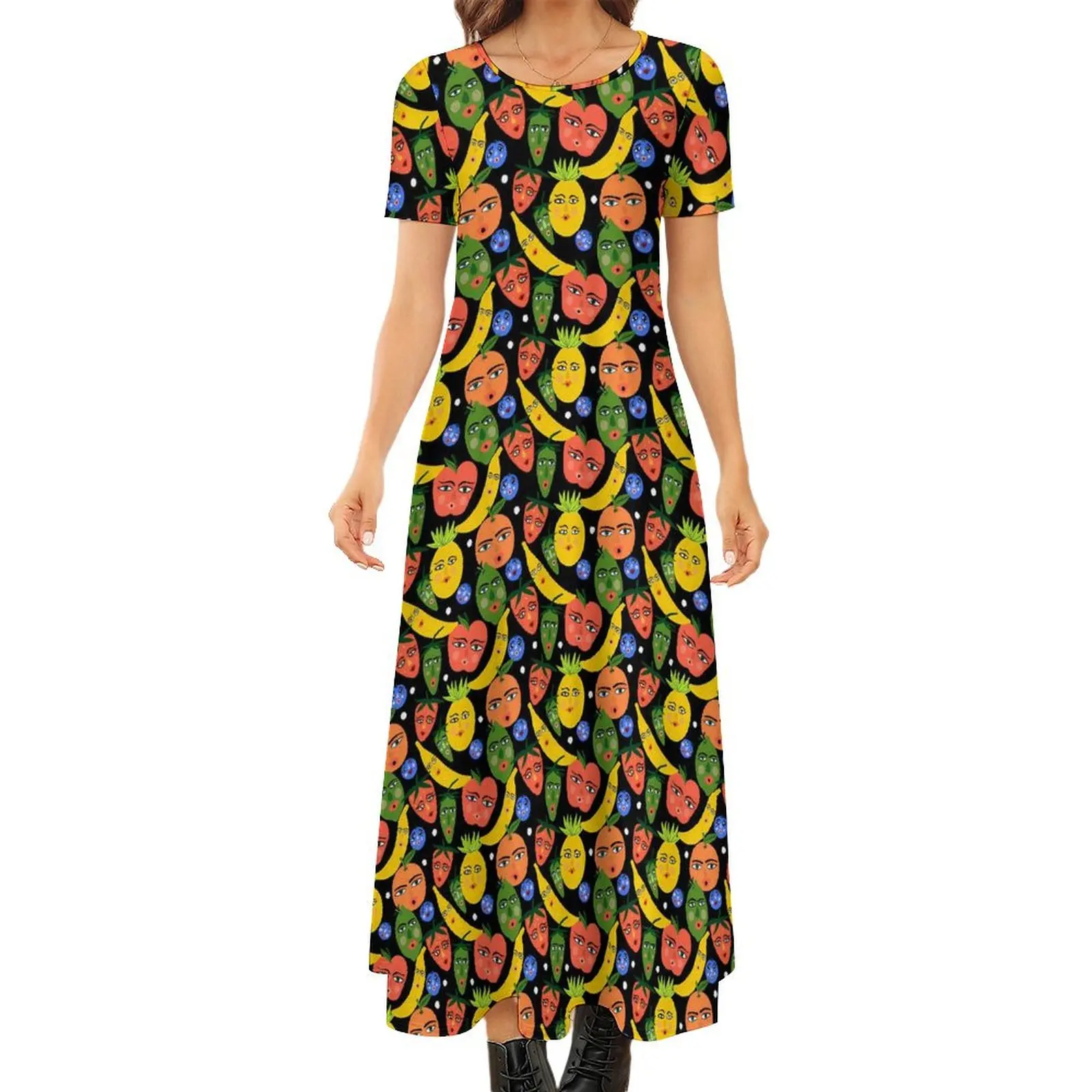 Fruit Print Dress Funny Fruit Salad Modern Maxi Dress Womens Short Sleeve Street Fashion Boho Beach Long Dresses Big Size 7XL