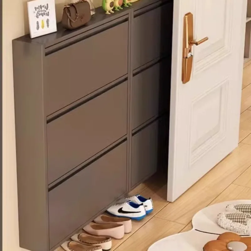 Slim Steel Shoe Cabinet Flip Drawer Storage Rack Wall-Mounted Organizer Narrow Entryway Shelf for Small Apartments