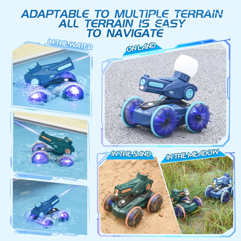 Carro de controle remoto anfíbio infantil, tanque, navio pode lançar spray de água, pistola de sucção de água automática, brinquedo de carro com sensor de obura