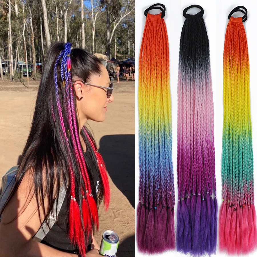 

24inch Party Festival Braids Hairpiece False Braid Box Braided Ponytail Synthetic Hair Extensions Colorful Pigtail Braiding Pink