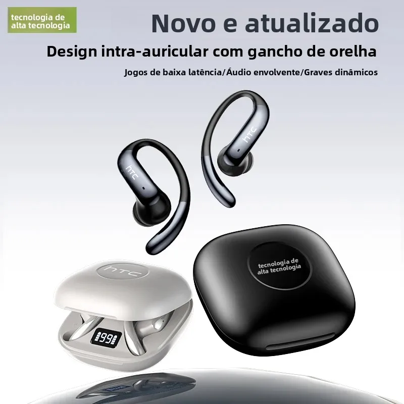 Fones de Ouvido Bluetooth V6.0 HTC NE63, Fones de Ouvido Sem Fio Esportivos com Design In-Ear e Gancho para a Orelha, Tradutor AI, Ultra-Leves