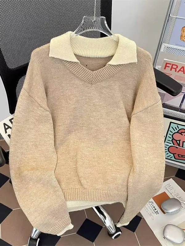 

Loose Knitted V-Ne irt Men's Autumn Winter Faion Brand Lazy Sle Color Blo Fake Two-Piece Sweater Casual Wear