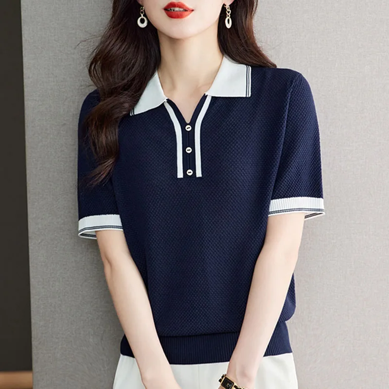 Feminino elegante contraste cor de malha pulôver turn down collar branco t camisas manga curta camisola topos feminino 2025 verão