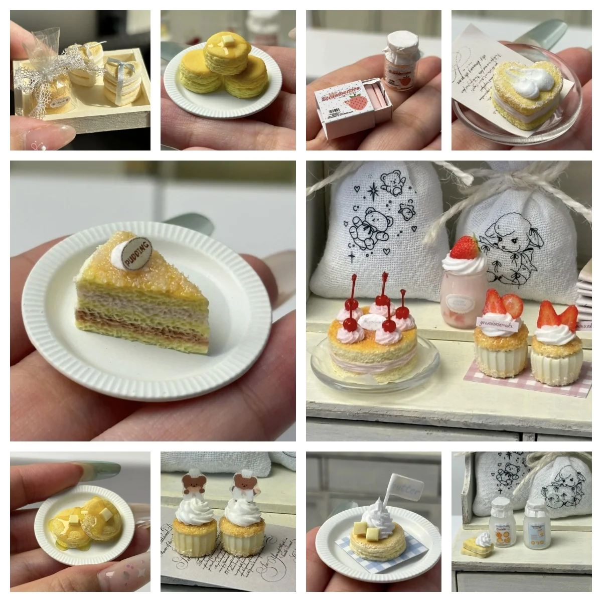 

Handmade 1:6 Gourmet Dessert Set: Cherry Cake, Strawberry Cupcake, Cream Mille Crêpes & Honey Pancakes for BJD Dollhouse