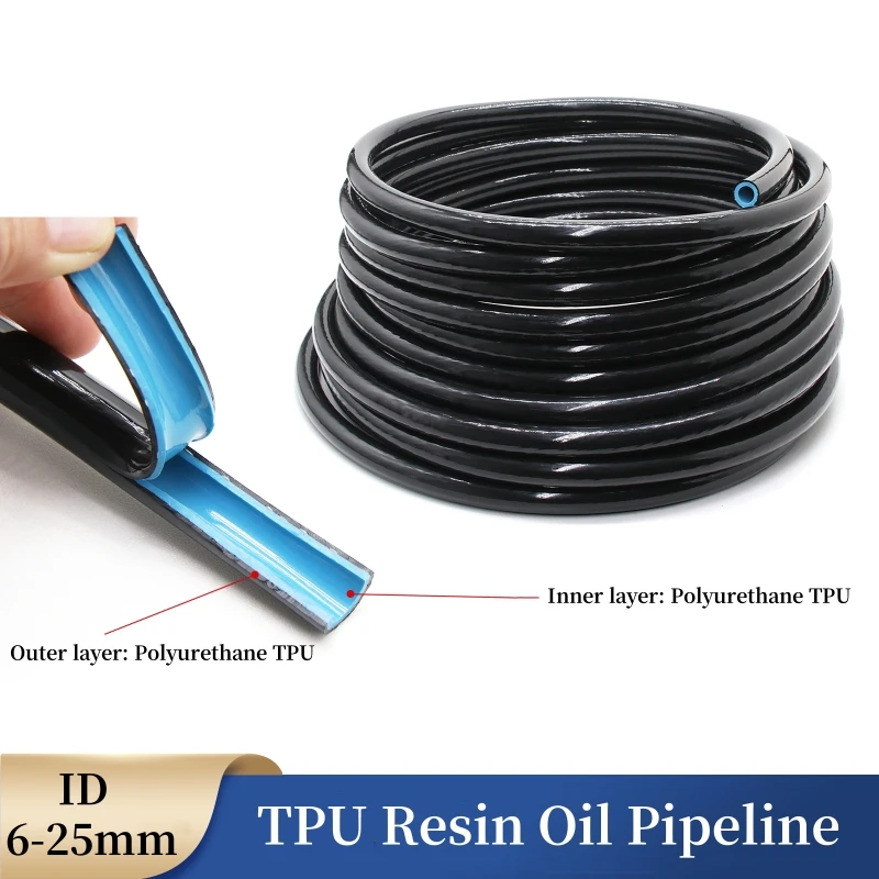 

TPU Double-Layer Resin Oil Pipe Fuel Tube, Wire-clamping Tubing, Petrol Hose, Diesel Pipeline, Black Blue Core, 6~25mm, 1m