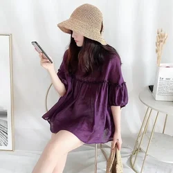 Women's Fashion Blouse Top Korean Style Summer Short-sleeved Round Neck Loose Western-style Lace A-line Shirt Women