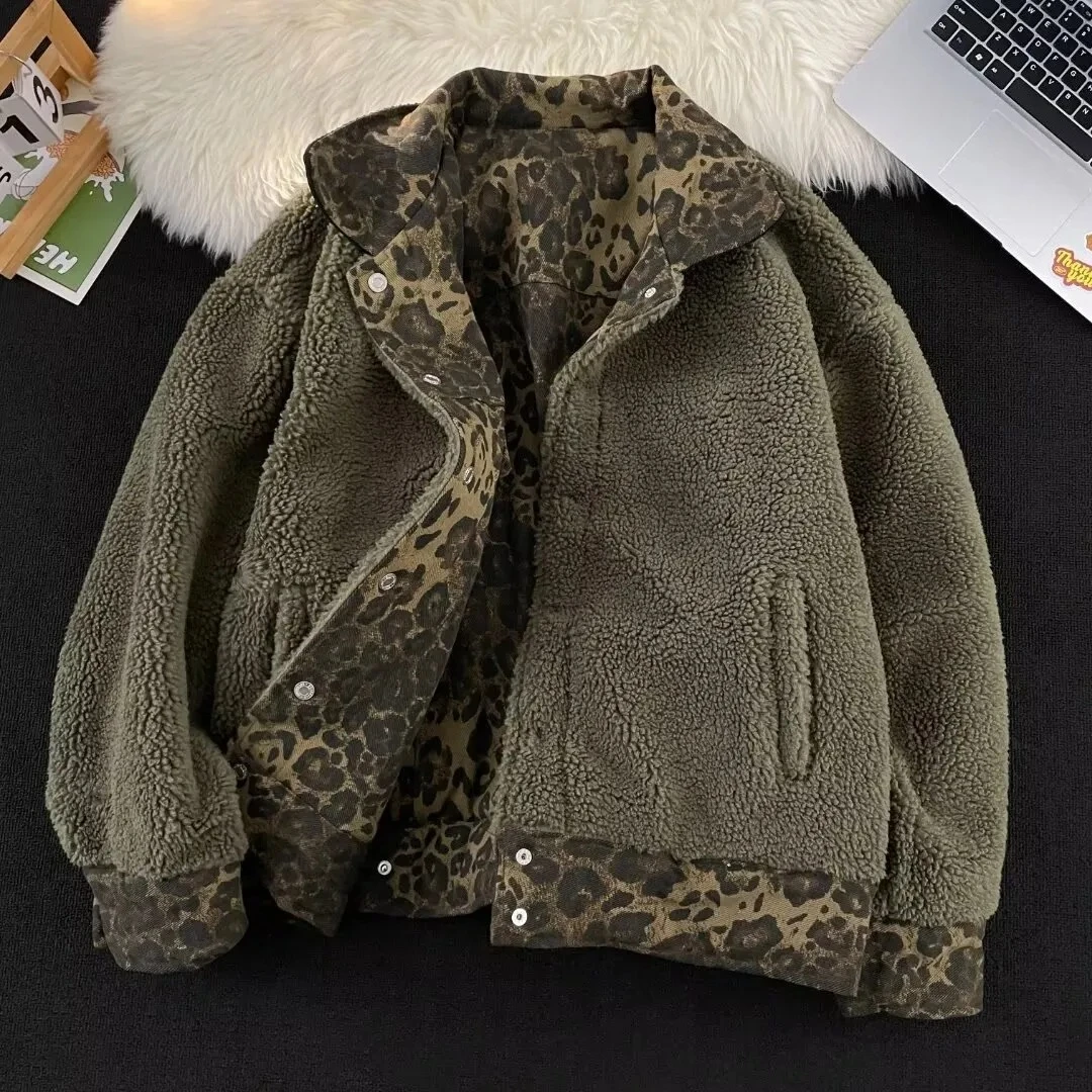 

Двусторонняя одежда на молнии, уличная повседневная леопардовая толстовка, зимняя термобелье, повседневная свободная флисовая куртка, свободная толстовка на молнии для пар