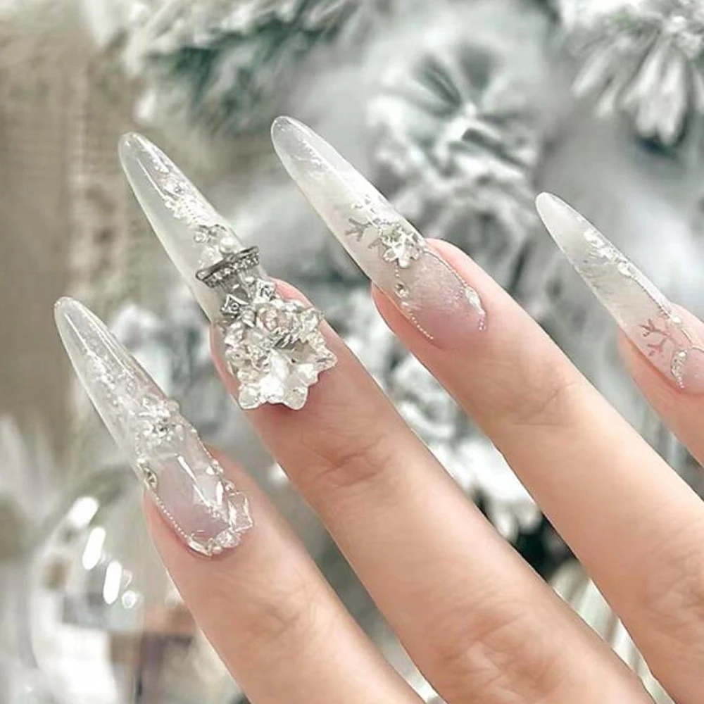 10Pcs Pointed Bottom Snowflakes Zircon Crystal Rhinestones Nail Charm Luxury Nail Jewelry Decoration 8-12mm Sparkle Diamond Gems