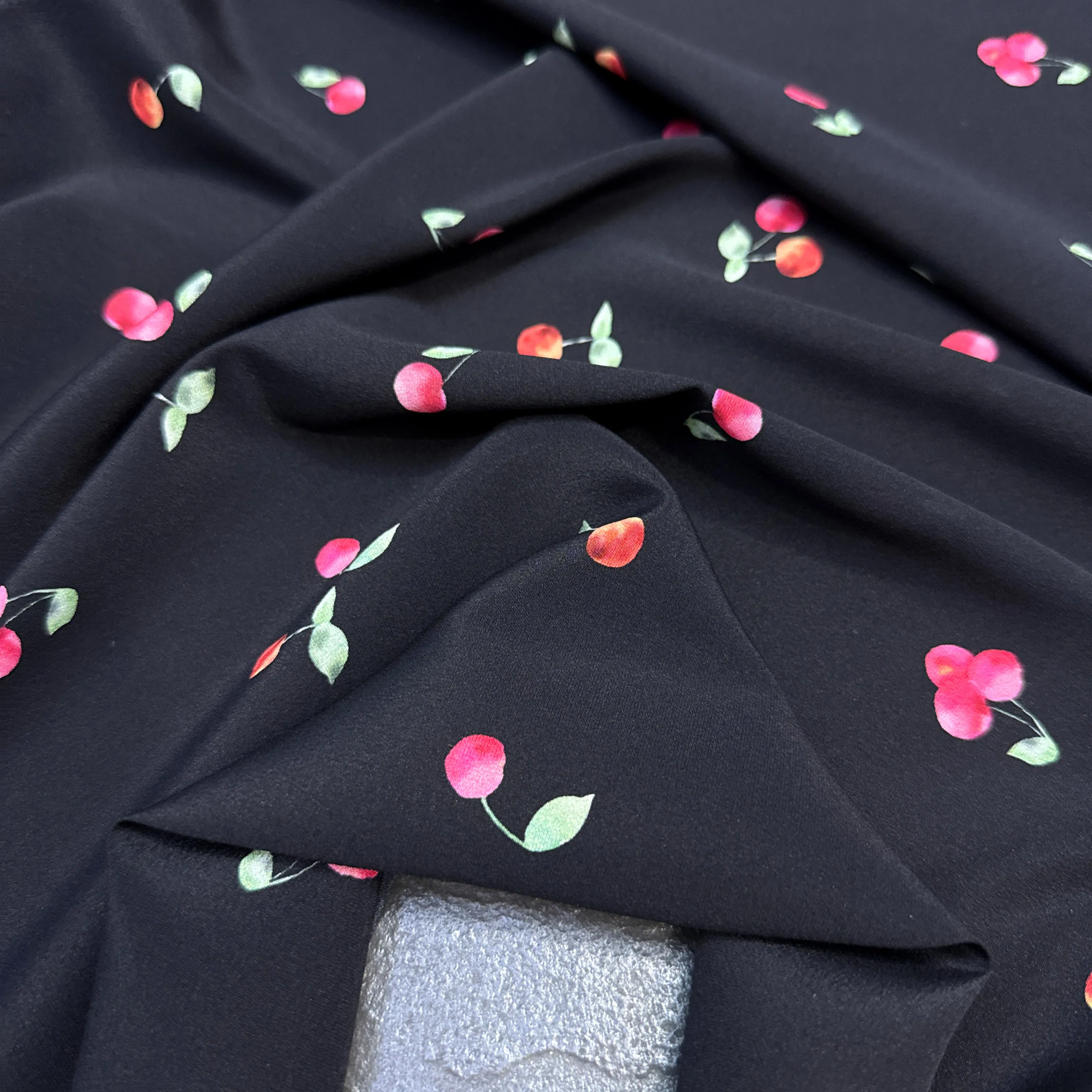 Small Fruites Printed Stretch Black Silk Crepe de Chine Fabric for DIY Sewing Summer Dress Pajamas Soft Silk Fabric FR7057