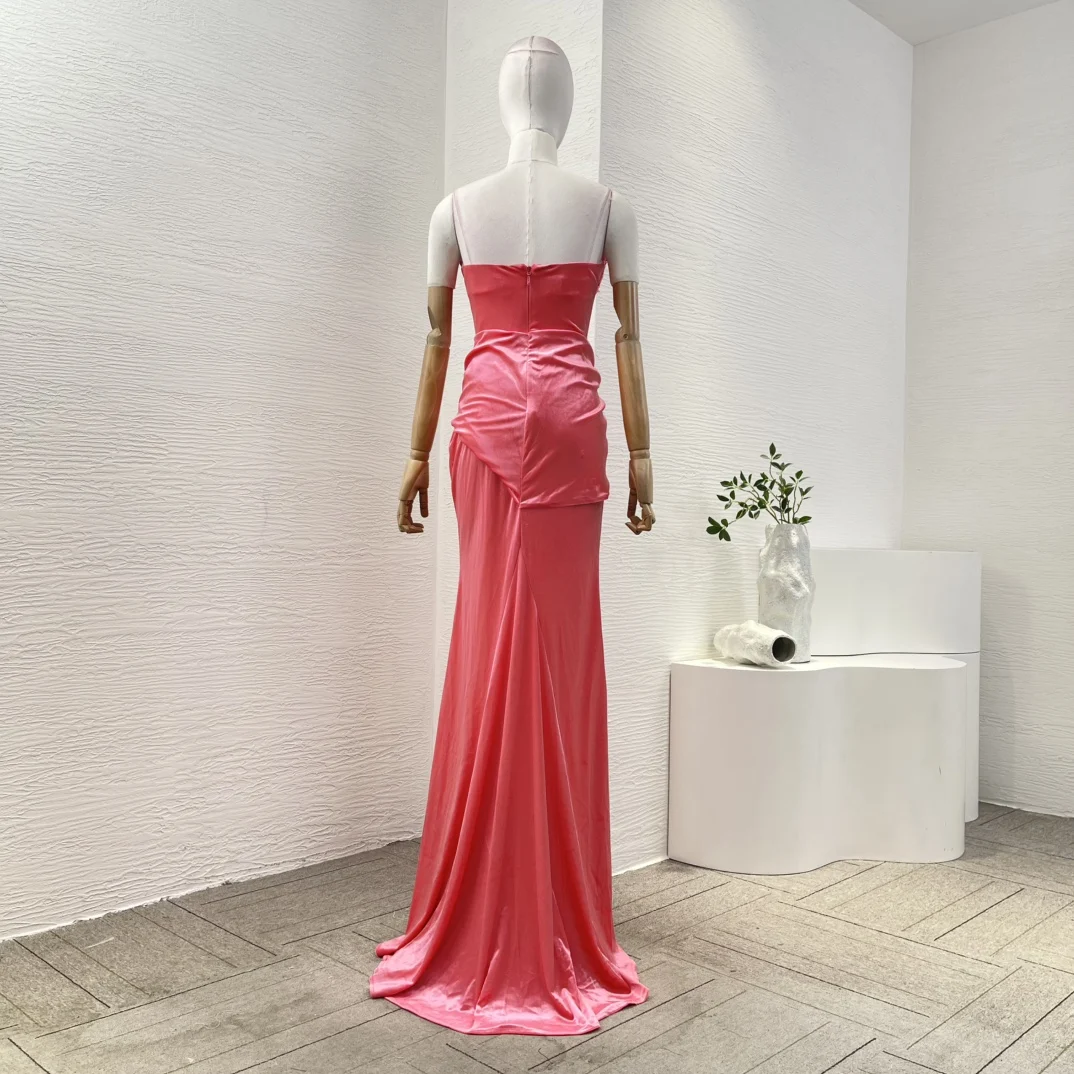 Rose Pink Diamonds Sleeveless Backless Pleat Maxi Dress 2024 New