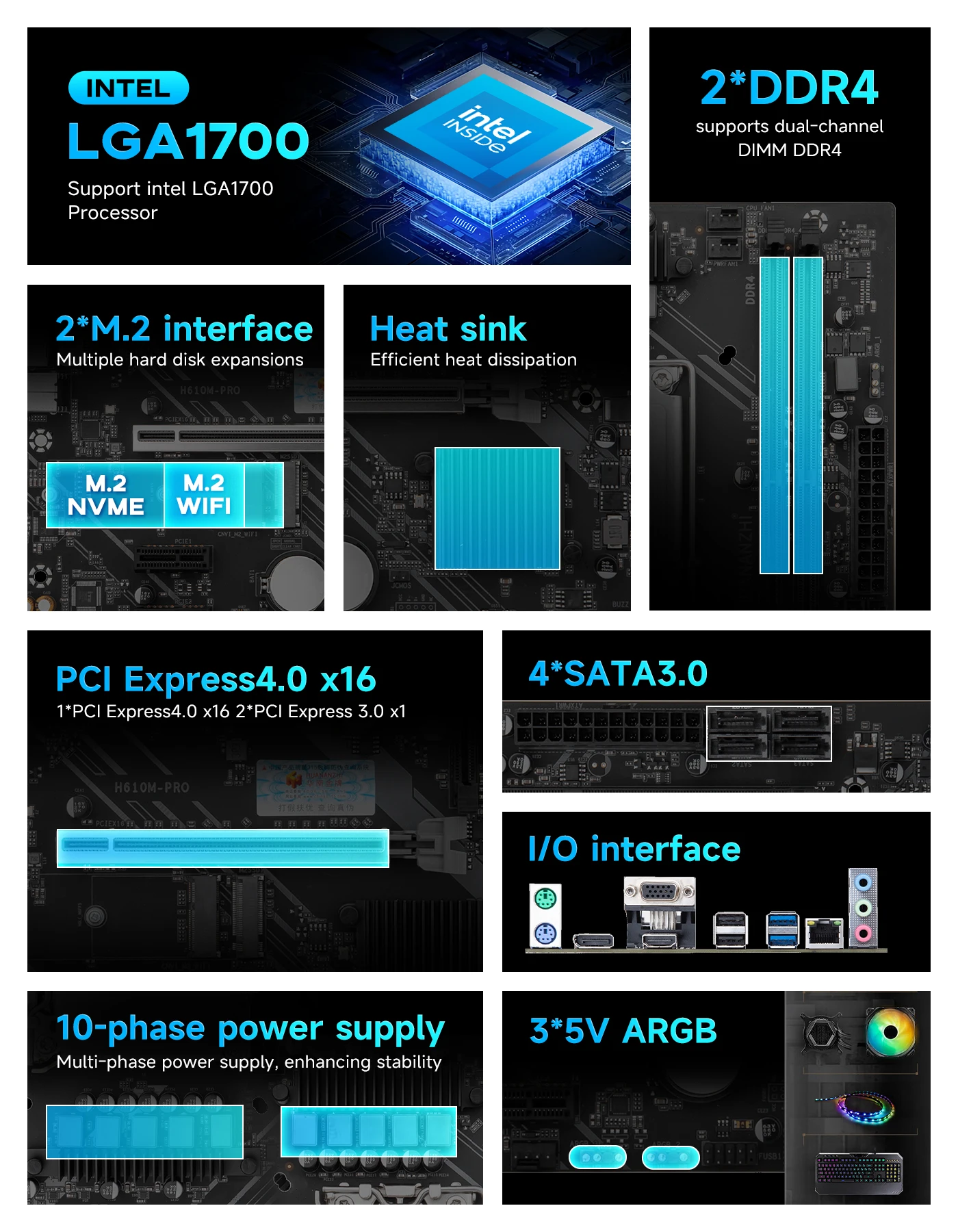 HUANANZHI H610M PRO M-ATX DDR4 Motherboard Support 12 13 Gen H610 Intel LGA 1700 CPU 12100F 12400F 12490F 12600F 12700F 13600F - view 3
