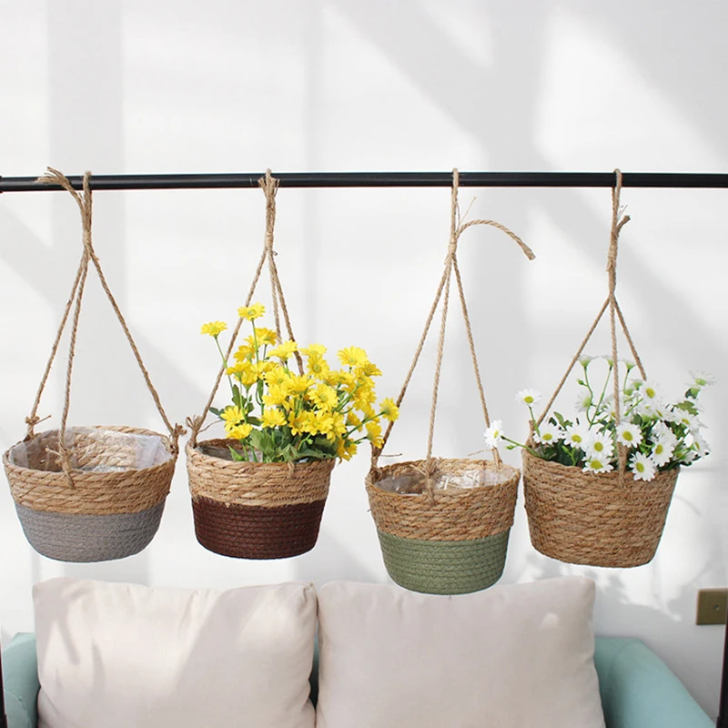 Garden Hanging Planter Flowerpot Rattan Woven Hanging Basket Flower Pot Handmade Straw Woven Plant Hangers Home Decor