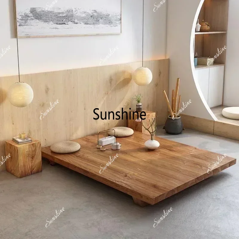 Natural solid wood tatami log style simple bed hotel modern floor-standing customized platformX