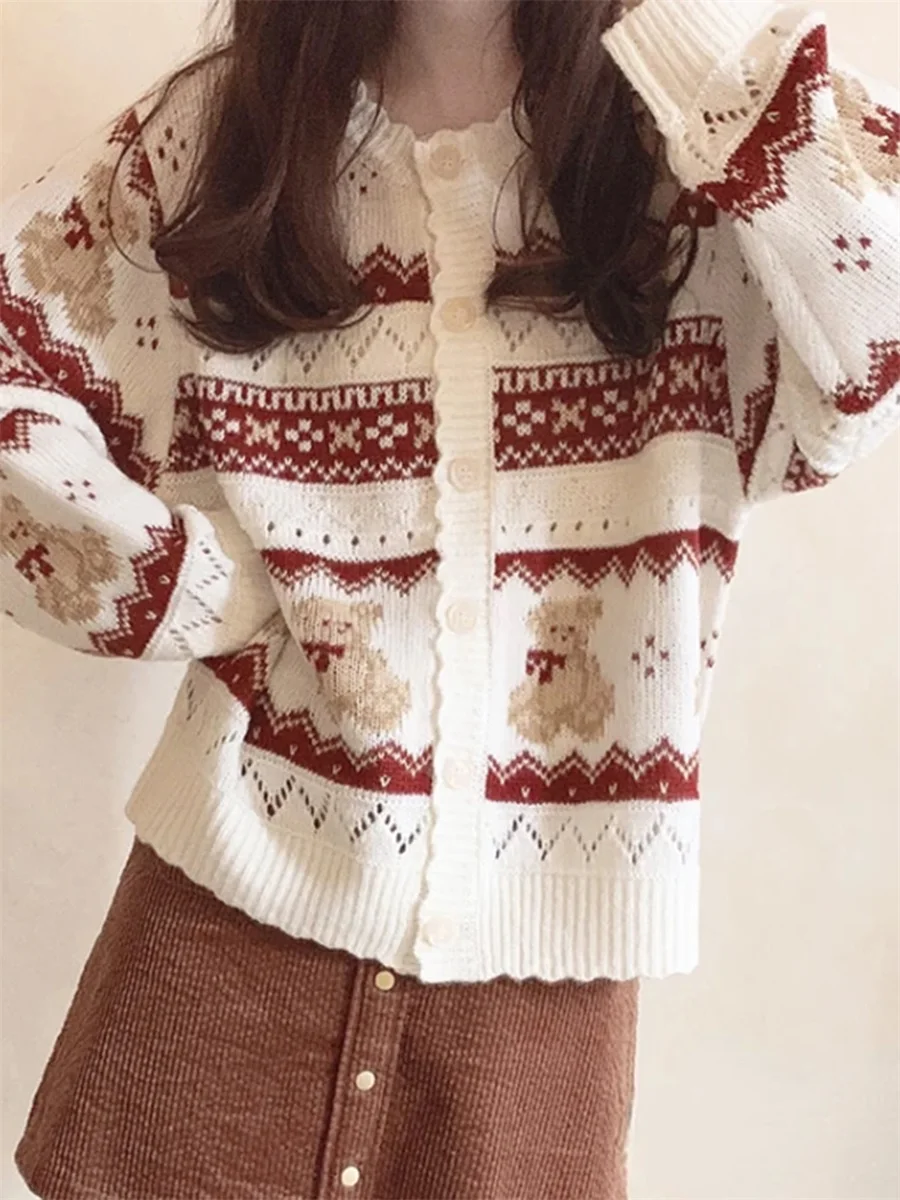 New Fashion Women Bear Print Cardigan Long Sleeve Drop Shoulder Crew Neck Button Down Sweater Knit Tops Hot Sale S M L