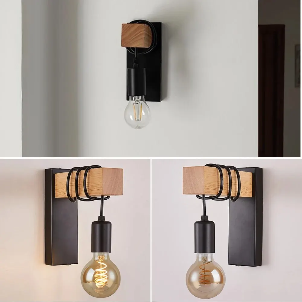 Retro Wood LED Wall Lamp E27 220V 110V Industrial Night Loft Light Fixtures Live Room Bedside Lamp Decor for Bathroom Restaurant