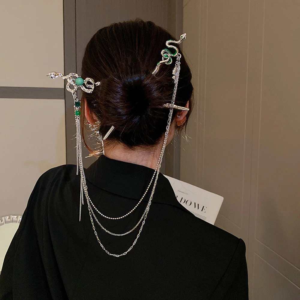 Doppelte Haarstäbchen, lange Kette, Anhänger, Haarspangen, Legierung, schlangenförmige Haarnadeln, Y2K-Haarschmuck für Mädchen, Zubehör, Pferdeschwanzhalter