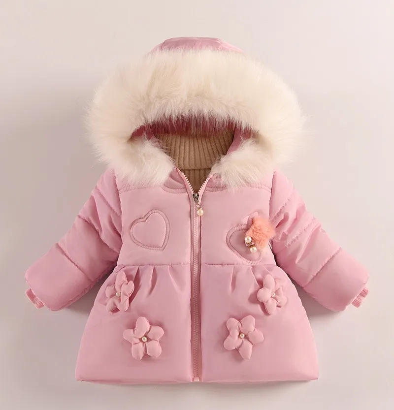 Winter Baby Girls Jacket Solid Color Flowers Fur Collar Thick Warm Hooded Zipper Coat For 1-5Years Kids Clothes Baby Outerwear