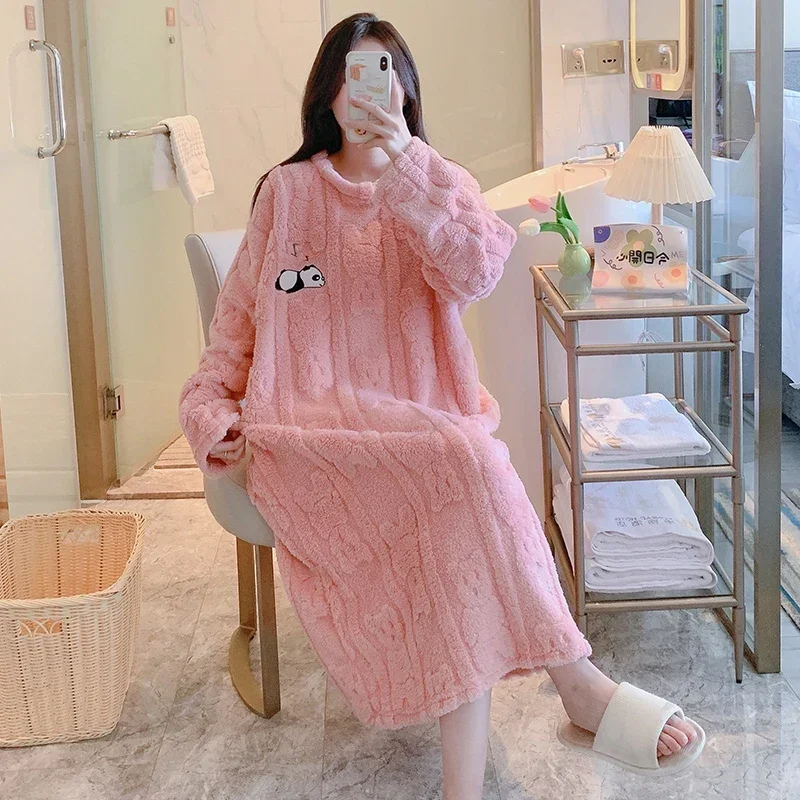 2023 Winter Plus Size Long Sleeve Thick Warm Flannel Nightgowns Women Korean Loose Coral Velvet Sleepwear Night Dress Nightdress