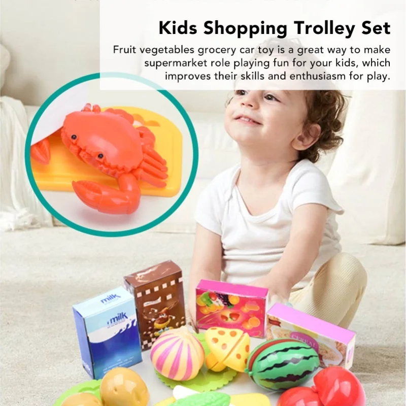 Boodschappenwagen voor kinderen Speelset Fruit Groenten Voedselartikelen Educatief Heldere kleuren Winkelwagentje Speelgoedset Blauw