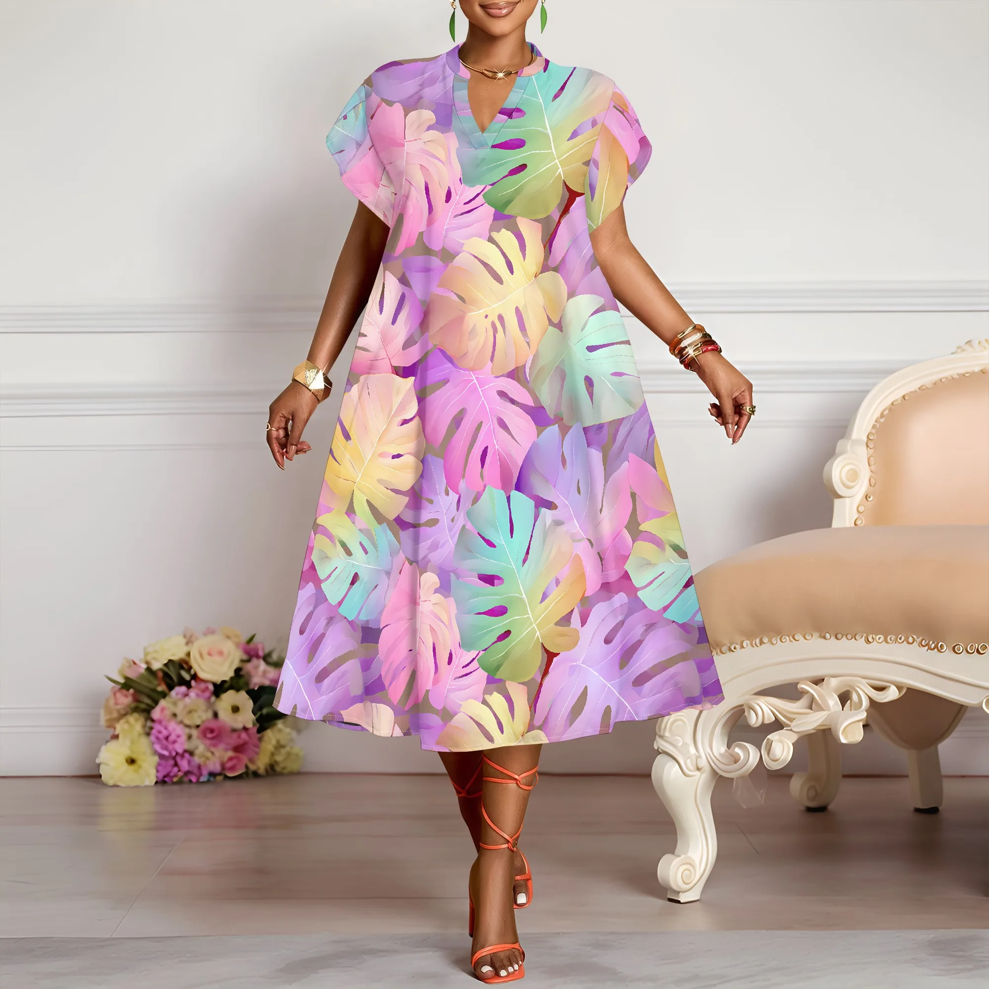 Tropical Print V-Neck Dress, Leaf Pattern Midi Dress, Pastel Summer Dress for Women, Beach Vacation Wear XS-3XL
