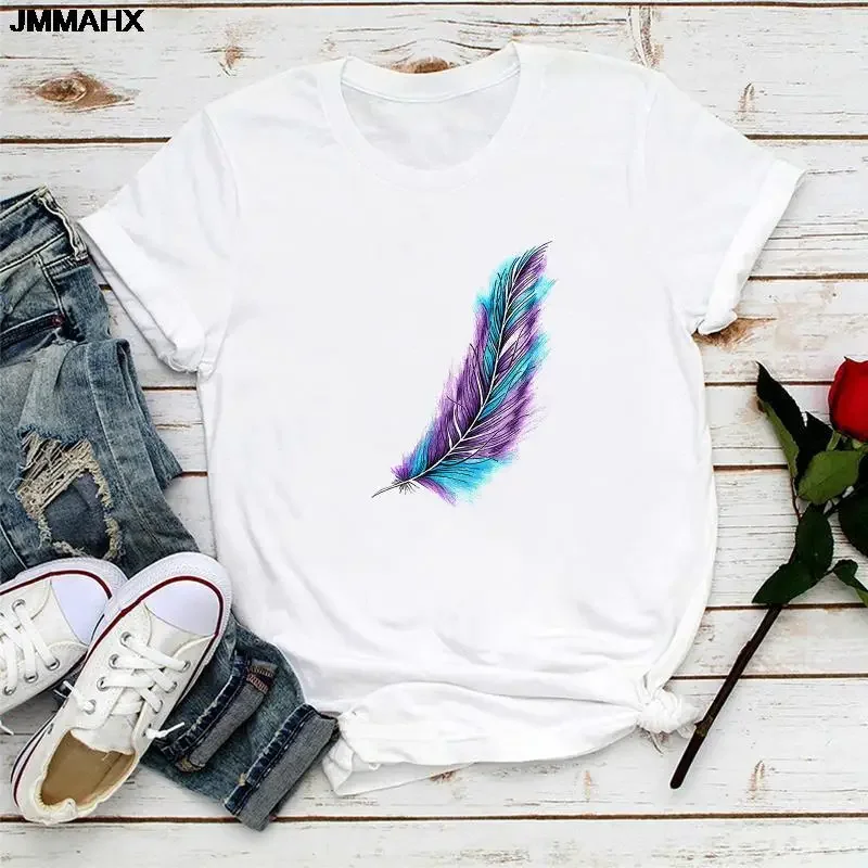 Fashion Feather Printed Womens Casual Harajuku T-shirt Loose O-neck Short Sleeve Elastic Stretched Summer Female Clothing Tshirt