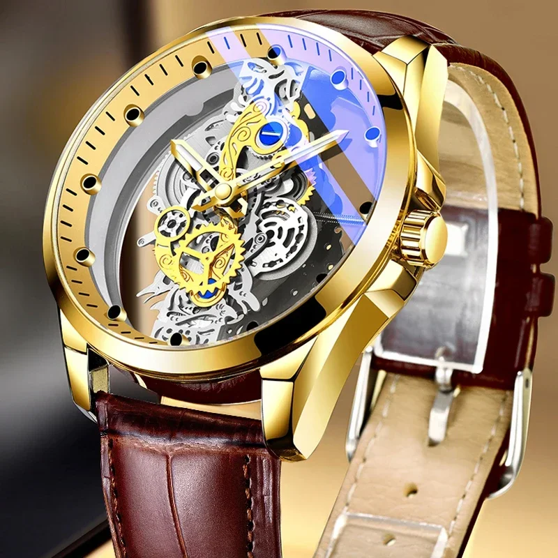 2024 New Men Watch Skeleton Quartz Wristwatch Gold Skeleton Retro Man Watch Top Brand Luxury Clock Mens Watches Reloj Hombre