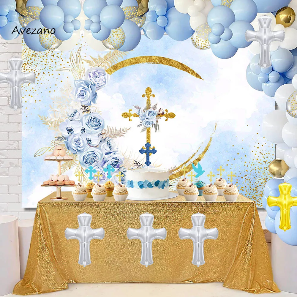 Avezano First Holy Communion Backgrounds for Photography Boy Baptism Blue Flowers Golden Cross Party Decor Backdrop Photo Studio