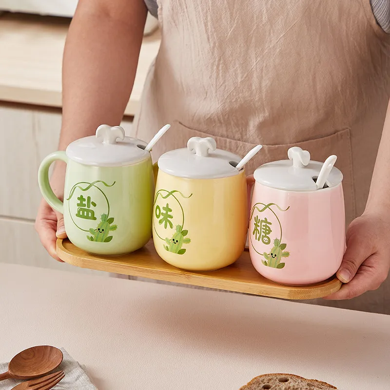 Cute Cactus Ceramic Seasoning Jar with Lid & Spoon Kitchen Salt Sugar Storage Container Dustproof Spice Pot for Home Cooking
