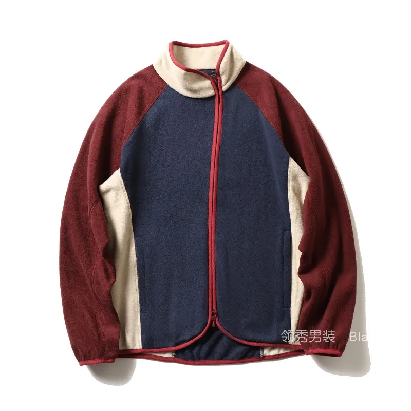 Men's Japanese Style Color Block Fleece Jacket - Vintage Asymmetrical Zip-Up Stand Collar Coat for Autumn Outdoor Layering
