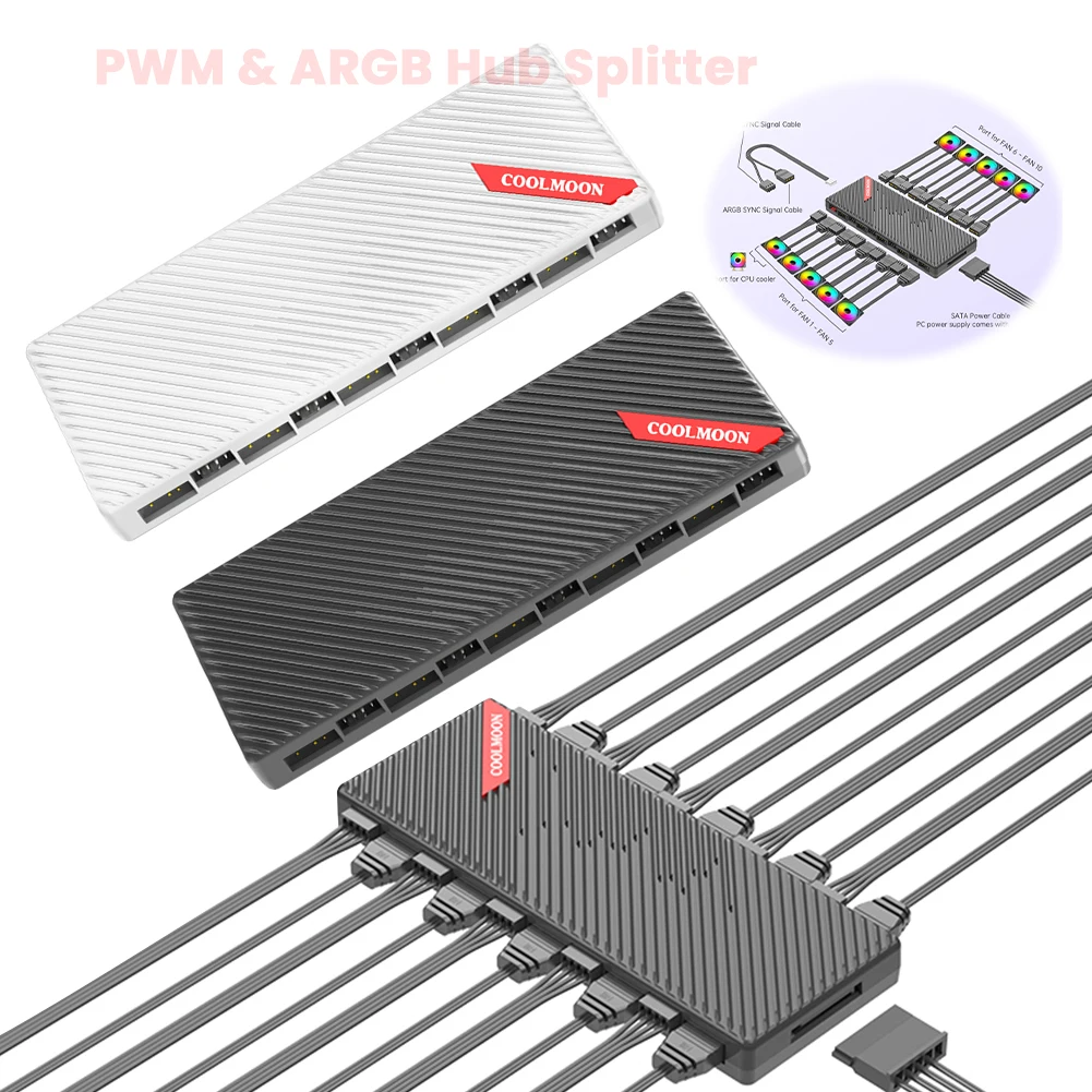 

1 To 10 PWM & ARGB Hub Splitter Magnetic Suction ARGB Controller Splitter 5V 3Pin Cooling Fan Controller for Case Fan