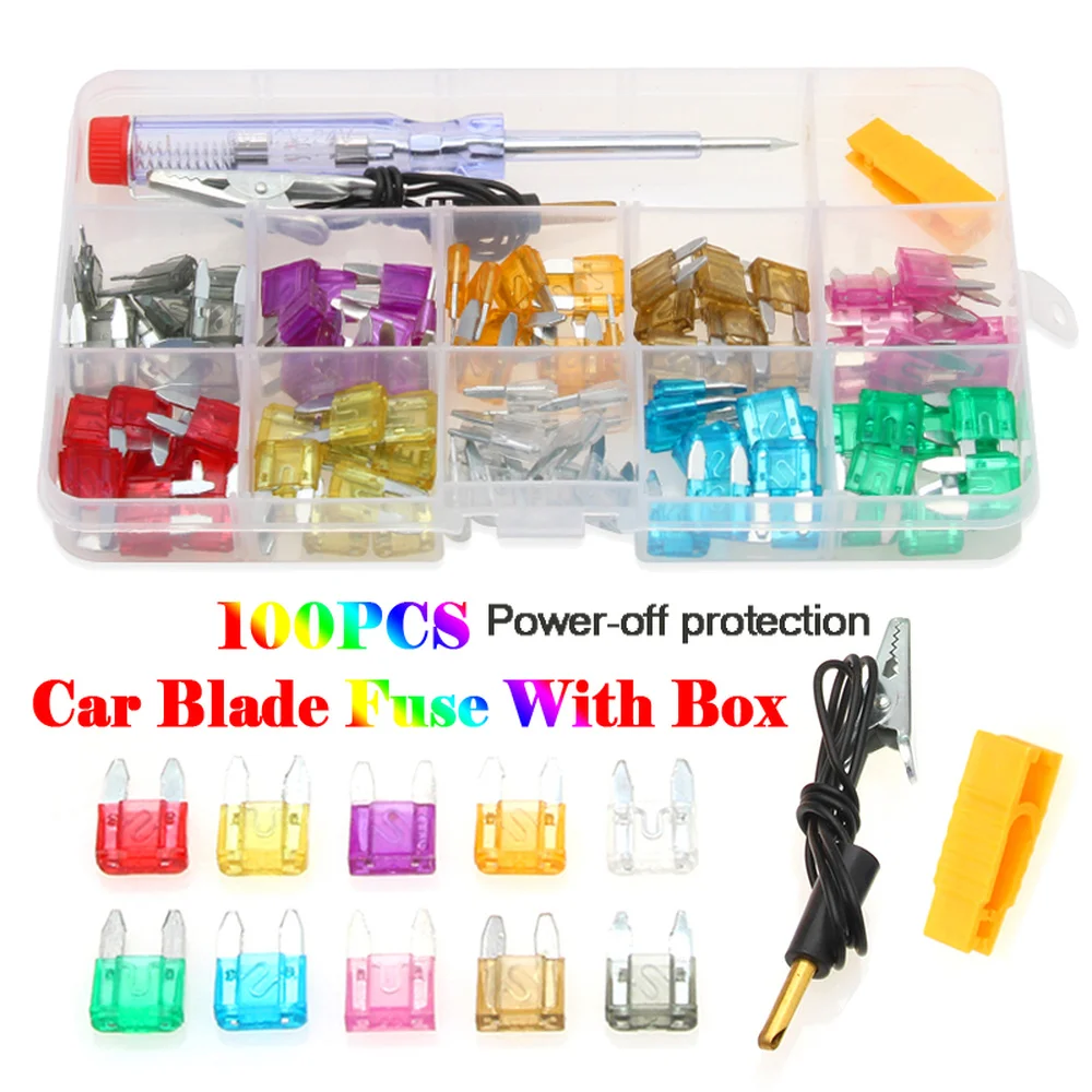 100PCS Auto Car Blade Fuse Automobile Car Security Fuse Small Assortment Kit with Inspection Circuit Electric Pen