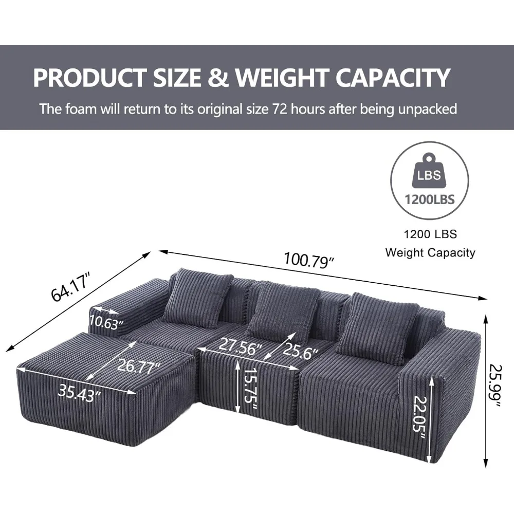 Modular Sectional Sofa, Corduroy Cloud Couch with Ottomans, 3-Seater Convertible L-Shape Sofa with 3 Pillows, Sponge Compression