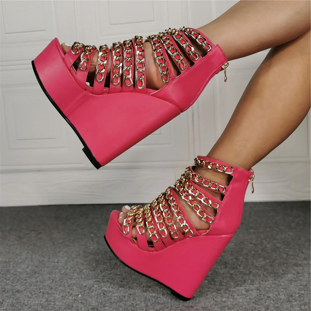 Kolnoo New Classic Style Handmade Women Wedges Heels Sandals Chains Big Size US5-US15 Sexy Platform Evening Fashion Pink Shoes