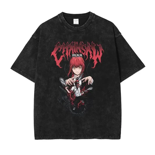 

Japanese Anime Chainsaw Man Washed T-shirt Men and Women Summer Harajuku Clothing Fashion Round Neck Short Sleeved T-shirt
