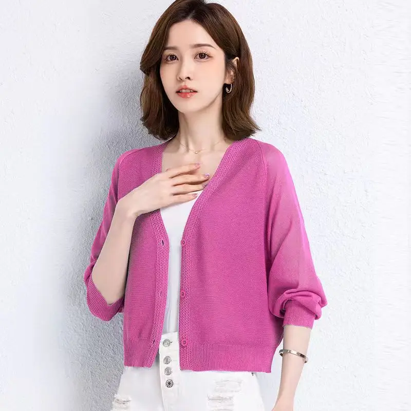 Plus Size Women Temperament Age-reducing Knitted Flesh-covering Thin Cardigan Summer New Versatile Loose Slimming Top