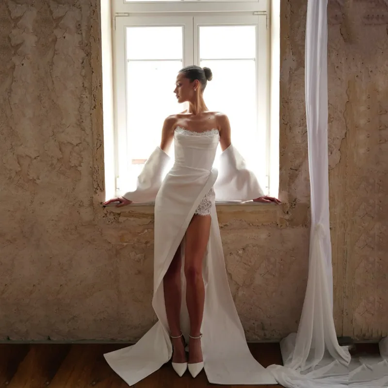 Elegant Mermaid Lace Satin Wedding Dresses Sexy Off Shoulder High Slit Pleat Bow Simple Strapless Backless Long Train Customized