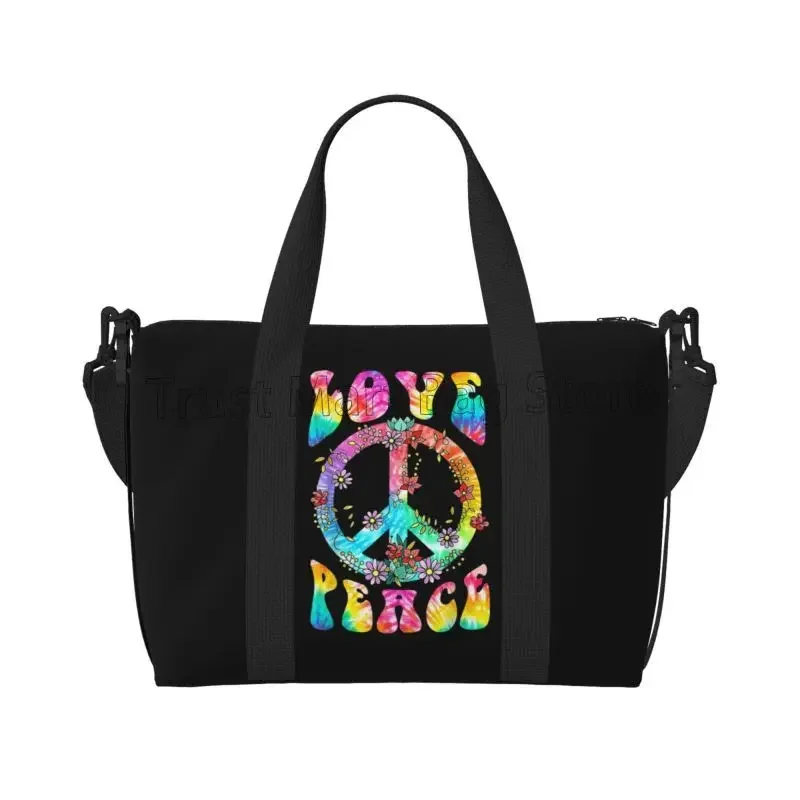 

Peace Sign Love Tie Dye Hippie Travel Duffel Bag Personalized Weekender Bags with Shoulder Strap Unisex Sports Gym Overnight Bag