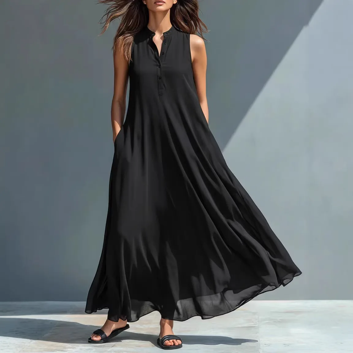 

Chiffon Summer Dresses For Women O Neck Button Decor Sleeveless Solid Color Casual Long Dress Boho Beach Holdiay Tank Dress