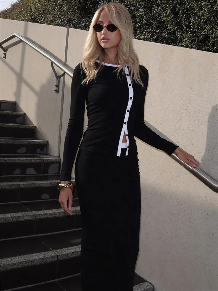 

Autumn Fashion 2 Piece-Set Long Skirt Women Patchwork Cardigan Top And Slim Elegant Skirt Outfits Women's Party Sets